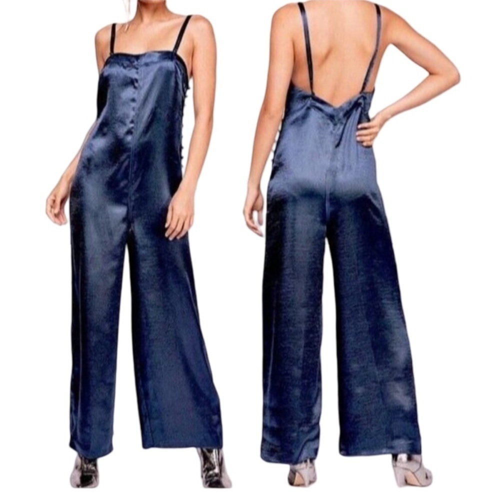 Free People Intimately Oh My Shine Midnight Blue Satin Jumpsuit Medium